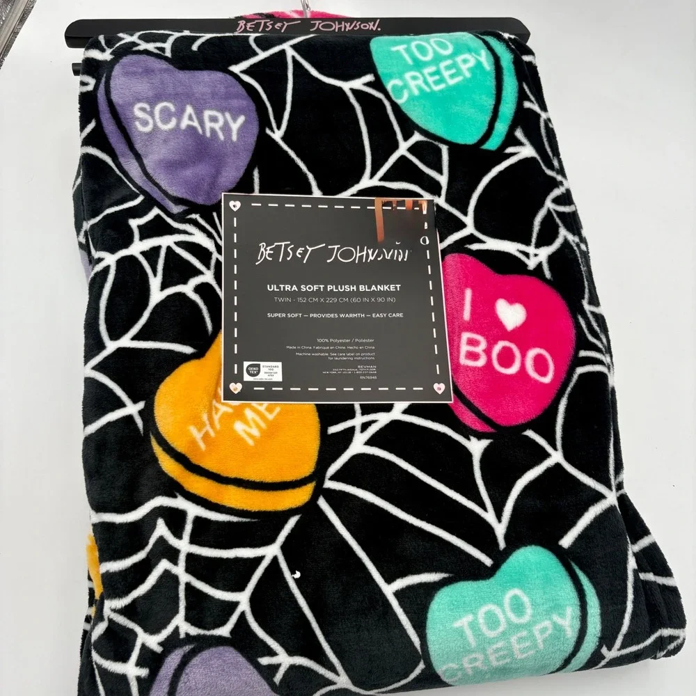 Betsey Johnson Halloween Candy Conversation Hearts Spiderweb Plush Throw Blanket